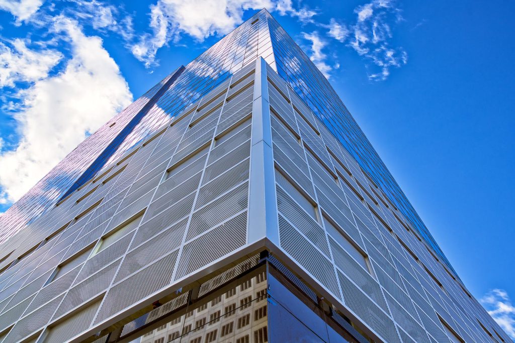 Tower exterior corner looking upward.