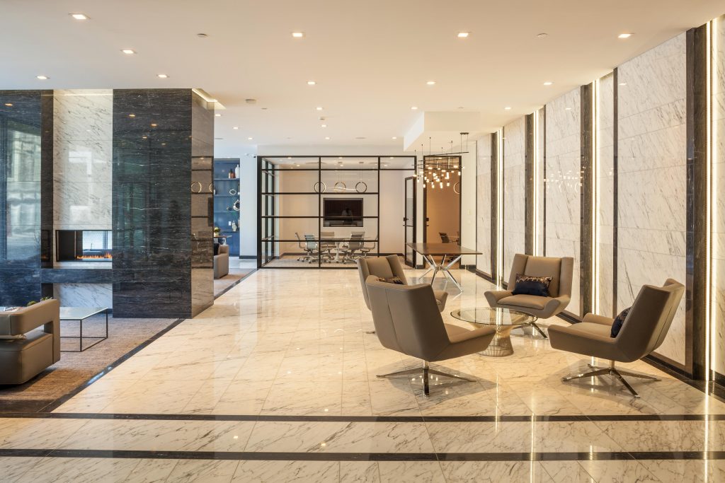 Lobby seating area with contemporary furniture.